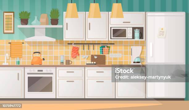 Vetores de Interior De Uma Cozinha Aconchegante Com Móveis E Eletrodomésticos Ilustração Vetorial e mais imagens de Cozinha