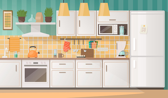 Interior of a cozy kitchen with furniture and appliances. Vector illustration