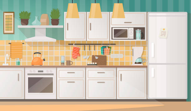 Interior of a cozy kitchen with furniture and appliances. Vector illustration Interior of a cozy kitchen with furniture and appliances. Vector illustration in flat style. inside microwave stock illustrations