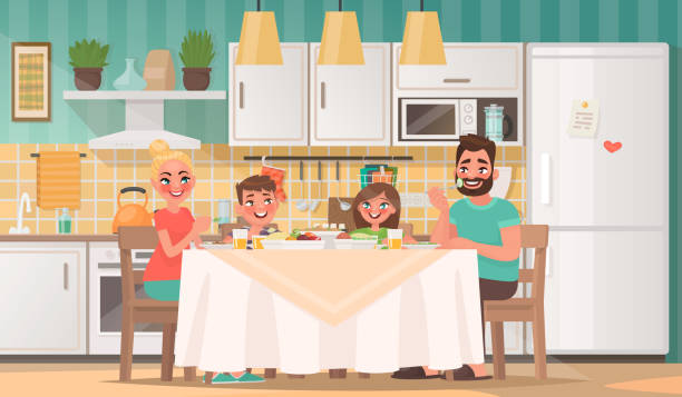 illustrazioni stock, clip art, cartoni animati e icone di tendenza di buona famiglia che mangia in cucina. padre, madre, figlio e figlia colazione a tavola a casa - kitchen table