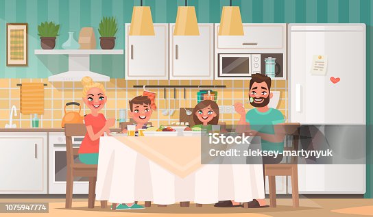 istock Happy family eating in the kitchen. Father, mother, son and daughter have breakfast at the table at home 1075947774