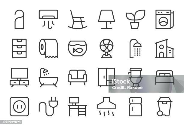Home And Living Icons Light Line Series Stock Illustration - Download Image Now - Icon Symbol, Toilet, Furniture