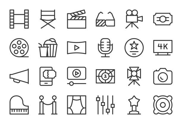 film-industrie ikonen - light line serie - symbol set stock-grafiken, -clipart, -cartoons und -symbole