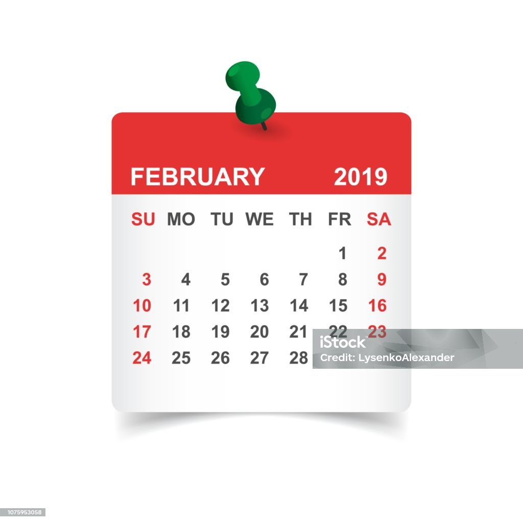 Calendar february 2019 year in paper sticker with pin. Calendar planner design template. Agenda february monthly reminder. Business vector illustration. Calendar stock vector