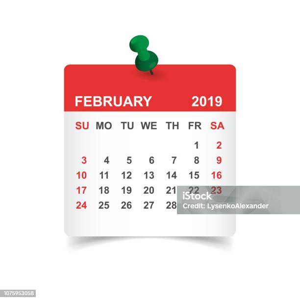 Calendar February 2019 Year In Paper Sticker With Pin Calendar Planner Design Template Agenda February Monthly Reminder Business Vector Illustration Stock Illustration - Download Image Now