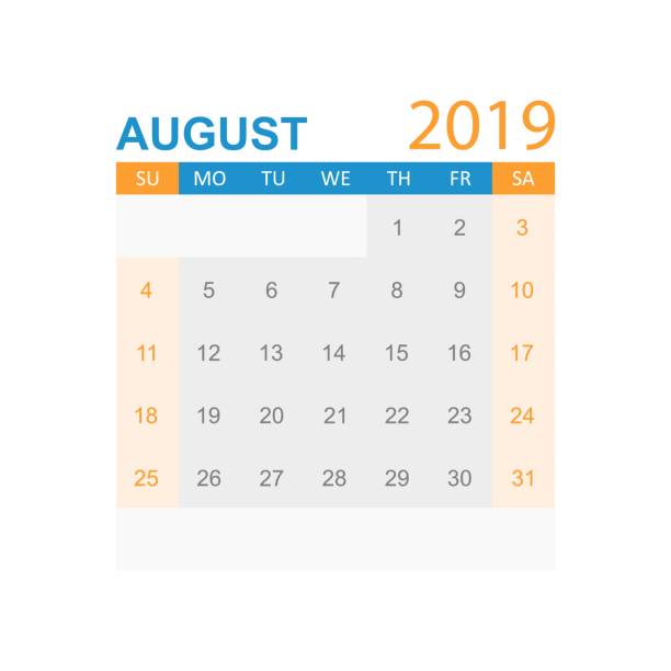 illustrazioni stock, clip art, cartoni animati e icone di tendenza di calendario agosto 2019 anno in stile semplice. modello di progettazione pianificatore del calendario. agenda agosto promemoria mensile. illustrazione vettoriale aziendale. - 15839