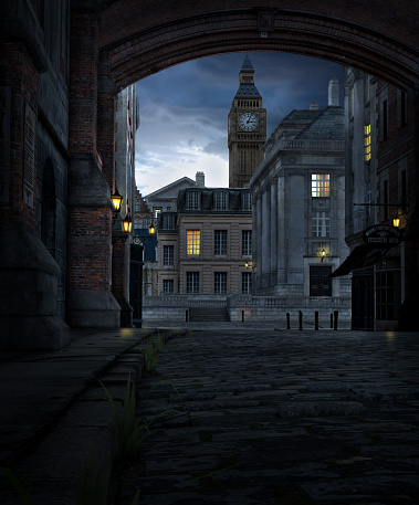 3D render of a London street scene at night with 19th century city buildings and Big Ben