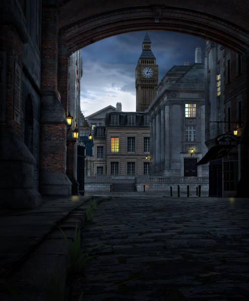 London Street at Night with 19th Century City Buildings 3D render of a London street scene at night with 19th century city buildings and Big Ben cobblestone stock pictures, royalty-free photos & images