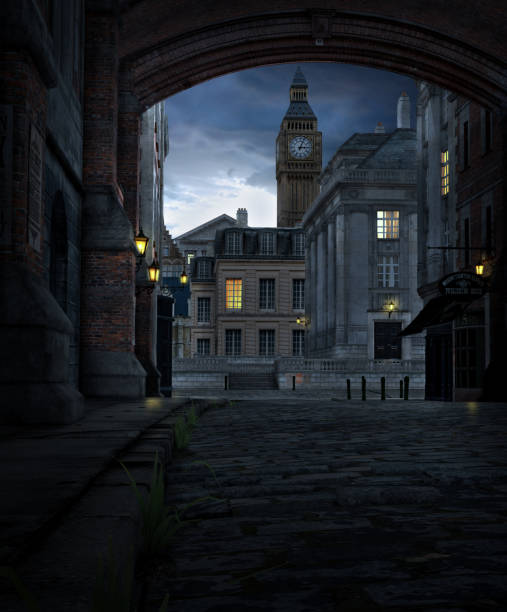 London Street at Night with 19th Century City Buildings 3D render of a London street scene at night with 19th century city buildings and Big Ben dark street stock pictures, royalty-free photos & images