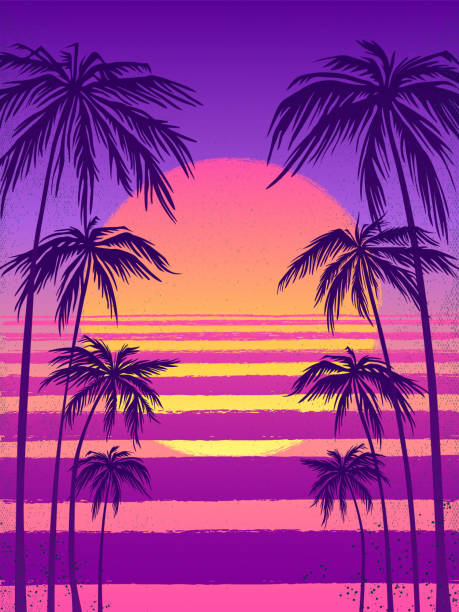 sunset with palm trees, trendy purple background. sunset with palm trees, trendy purple background. Vector illustration, design element for congratulation cards, print, banners and others backgrounds environment vertical outdoors stock illustrations