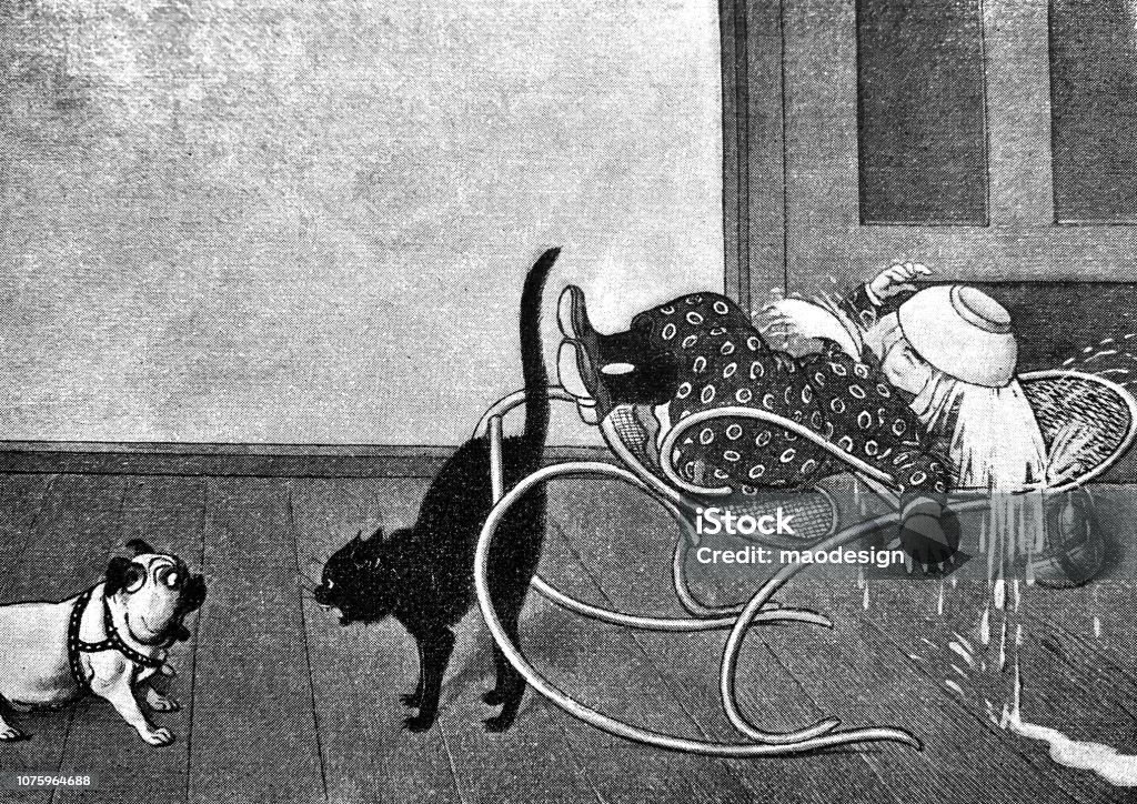 Zoung boy got a bowl of soup on his face because the dog frightened the cat -  1896 Domestic Cat stock illustration
