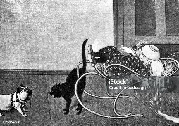 Zoung Boy Got A Bowl Of Soup On His Face Because The Dog Frightened The Cat 1896 Stock Illustration - Download Image Now