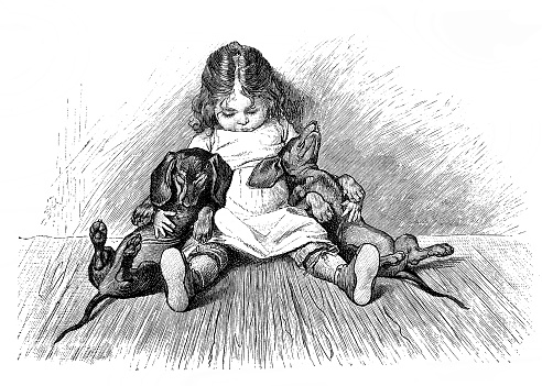 Cute scene with sleeping small girl and two dachshunds - 1896