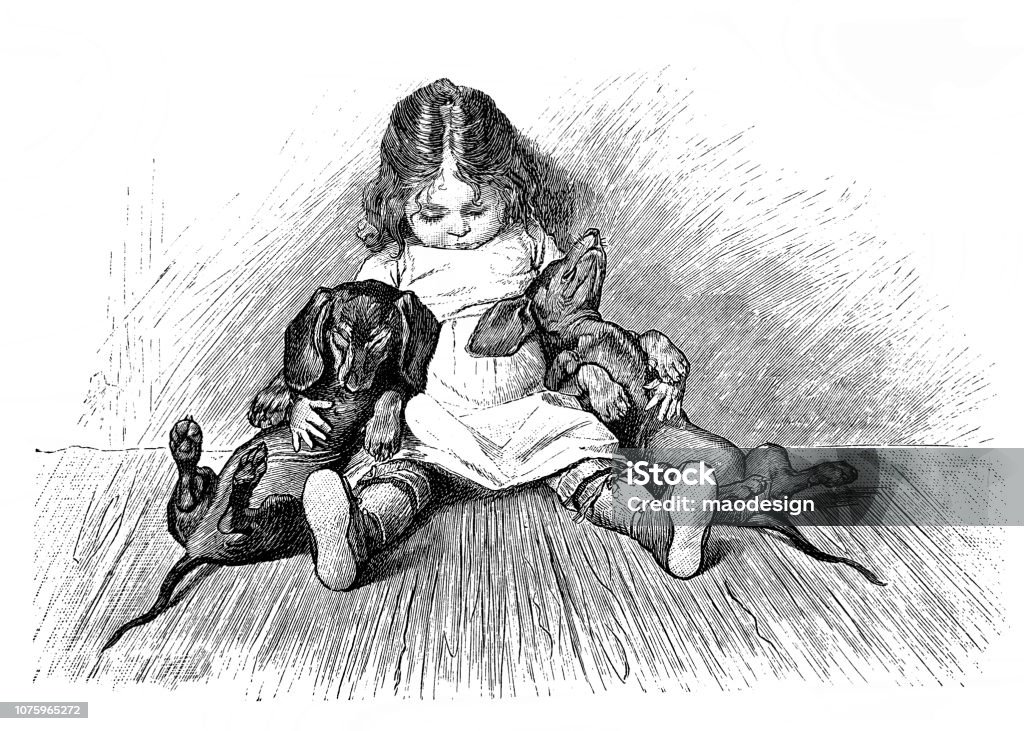 Cute scene with sleeping small girl and two dachshunds - 1896 Dog stock illustration