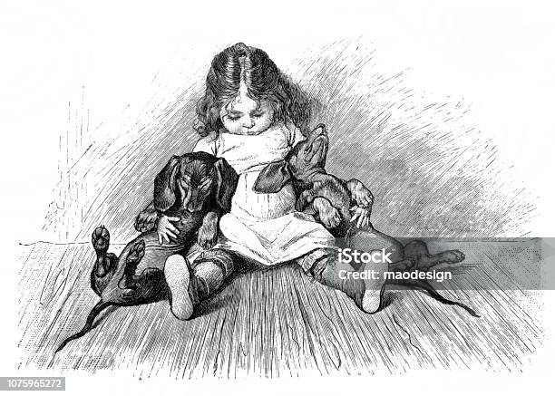 Cute Scene With Sleeping Small Girl And Two Dachshunds 1896 Stock Illustration - Download Image Now