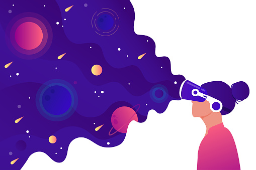 A girl with a VR headset sees space. The concept of virtual reality. Flat vector illustration.