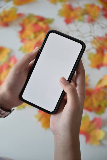 istock Top view of women's hands holding mobile phone with blank screen for graphics display montage. 1075965776