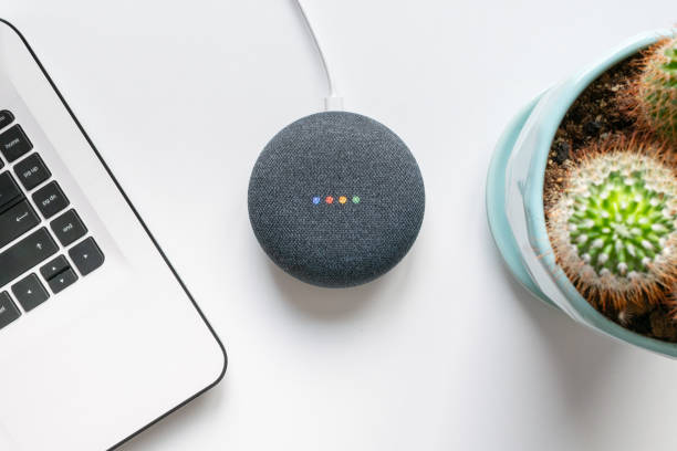google accueil mini haut-parleur intelligent avec construit dans google assistant - new housing audio photos et images de collection