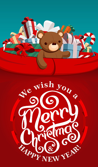 Santa Claus red sack full of present boxes. Lettering gift card.