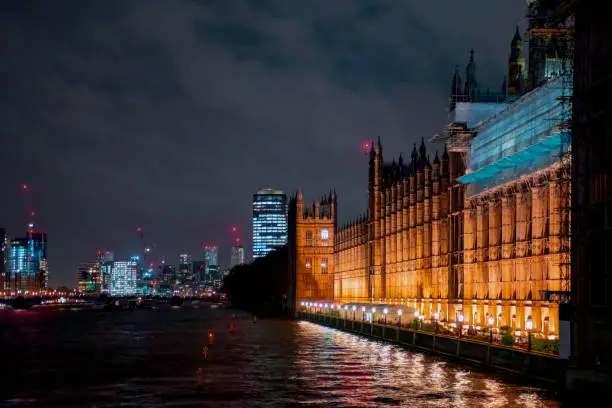 Photo of The British Houses of Parliament on the North Bank of the Thames