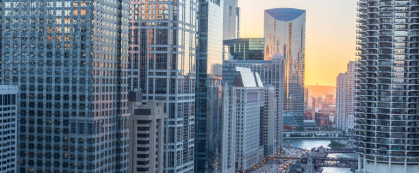 istock Panoramic view of Chicago riverside skylines at sunset 1075977588