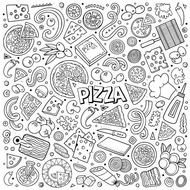 ilustrações, clipart, desenhos animados e ícones de conjunto de desenho vetorial de pizzaria objetos e símbolos - pizza pepperoni vector ingredient