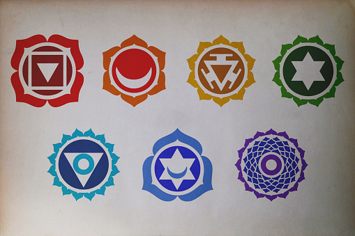 Close-up on the chakra symbols printed on paper.