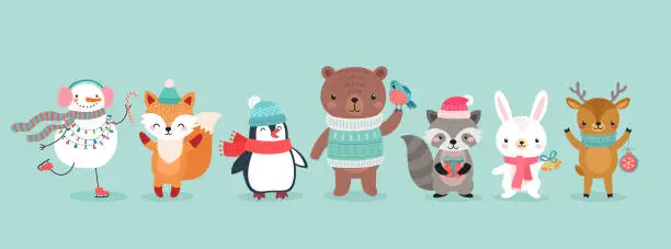 Vector illustration of Christmas characters - animals, snowmen, Santa Claus.