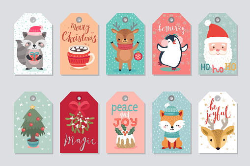 Christmas gift tags set with cute characters - fox, raccoon, deer, penguin, snowmen, Santa Claus. Vector illustration, hand drawn style.
