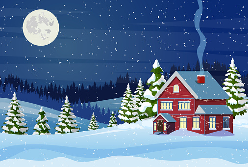 Suburban house covered snow. Building in holiday ornament. Christmas landscape tree spruce, fence. Happy new year decoration. Merry christmas holiday. New year xmas celebration. Vector illustration .