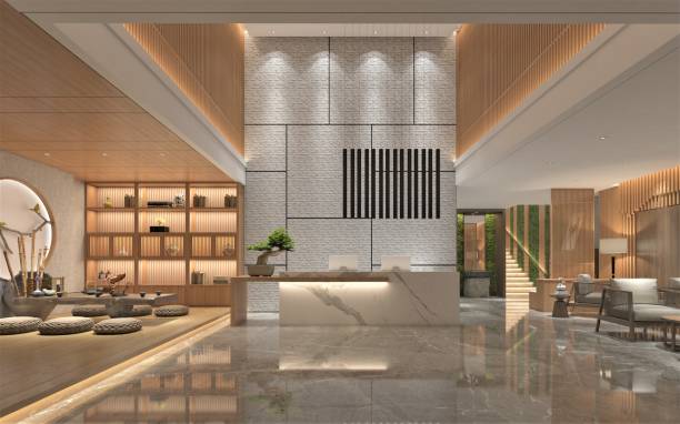 render 3d de recepción y lobby del hotel de lujo - hotel reception lobby hotel luxury fotografías e imágenes de stock