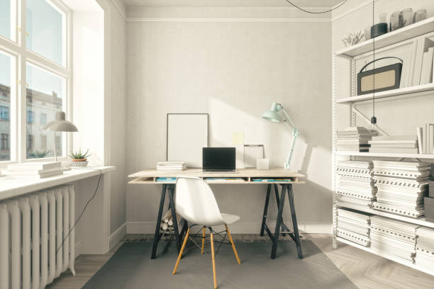 Scandinavian Style Home Office Interior Interior of a Scandinavian style cozy office space. small office interior stock pictures, royalty-free photos & images