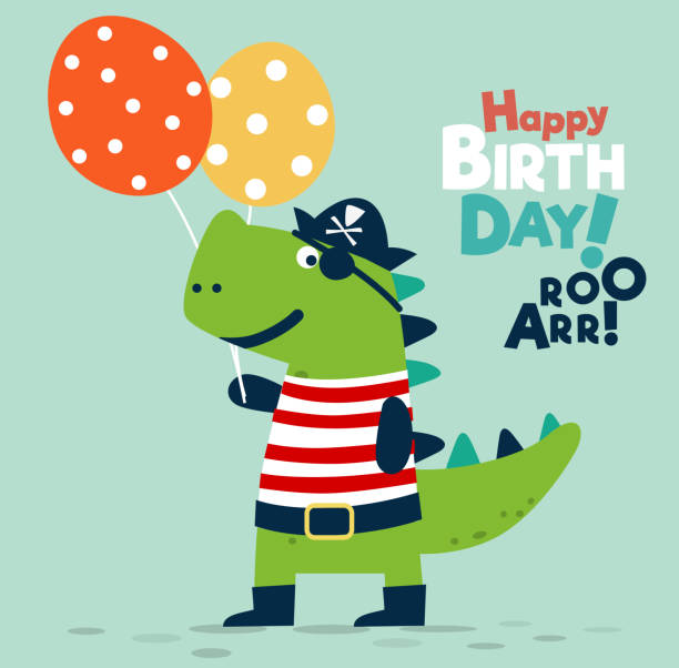 ilustrações de stock, clip art, desenhos animados e ícones de funny dinosaur in pirate costume with balloons. happy birthday vector illustration - bebés meninos