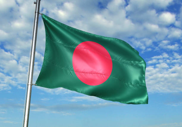 Bangladesh flag on flagpole waving cloudy sky background realistic 3d illustration