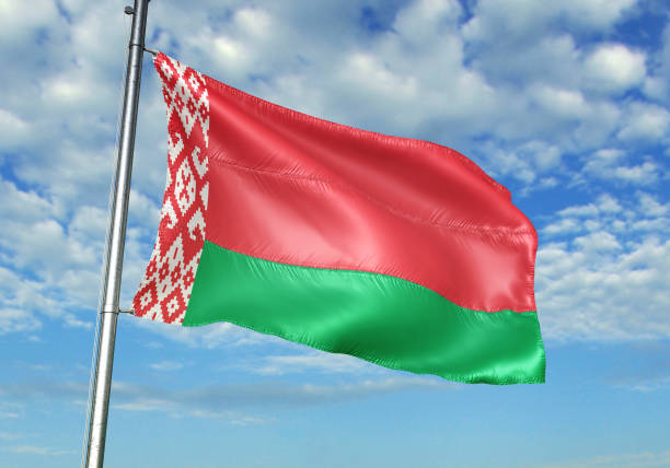 istock Belarus flag waving cloudy sky background realistic 3d illustration 1076016094