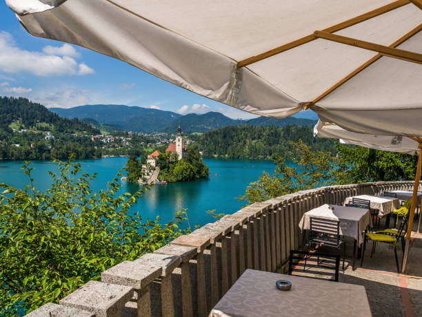 istock The view from a coffee shop in Bled 1076018020