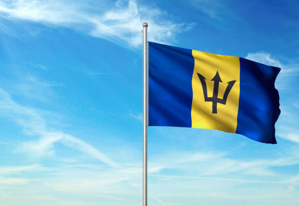 istock Barbados flag waving cloudy sky background realistic 1076021094