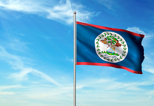 Belize flag on flagpole waving cloudy sky background realistic 3d illustration