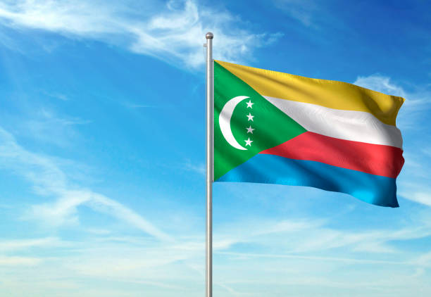 istock Comoros flag waving cloudy sky background realistic 1076022332