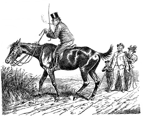 Aggressive horse rider motivates a horse with a whip - 1896