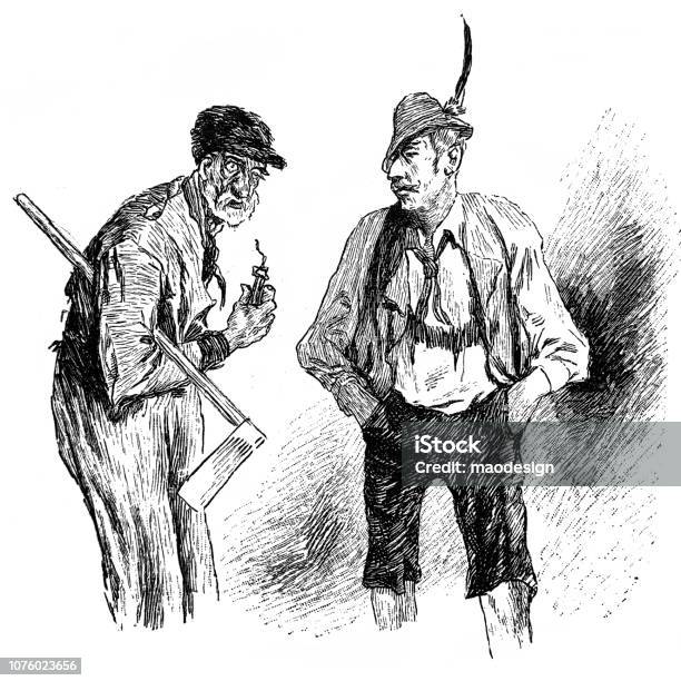 Two Farmers Talk About Work 1896 Stock Illustration - Download Image Now - Farmer, Line Art, Old