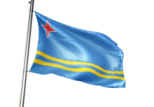 Aruba, Arubian flag on flagpole waving isolated on white background realistic 3d illustration