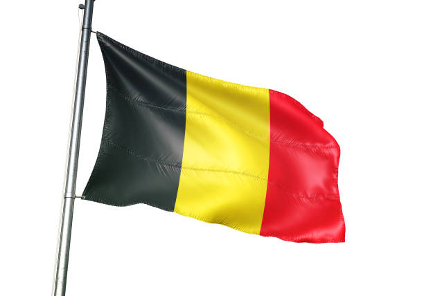 Belgium, Belgian flag on flagpole waving isolated on white background realistic 3d illustration