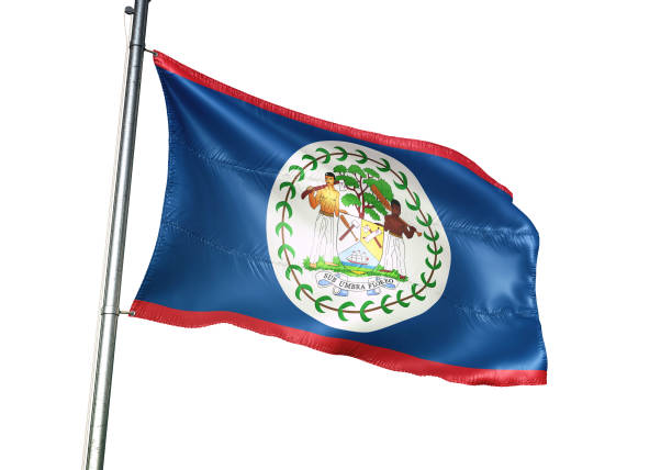 istock Belize belizean flag waving isolated on white background realistic 1076027994