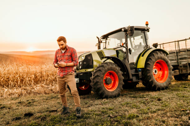 landwirt bereich mit smartphone in der modernen landwirtschaft - farmer rural scene laptop computer stock-fotos und bilder