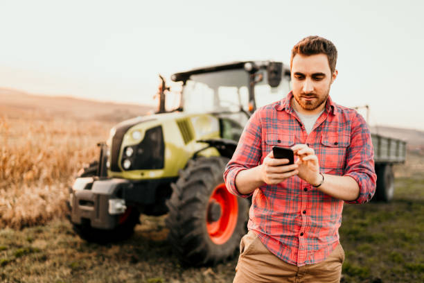 istock Farmer working and harvesting using smartphone in modern agriculture 1076028784