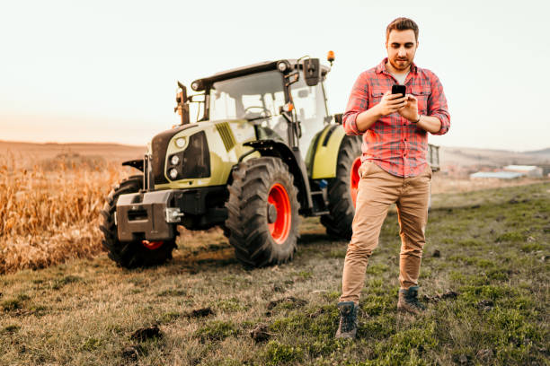 istock Farmer working and harvesting using smartphone in modern agriculture 1076028794