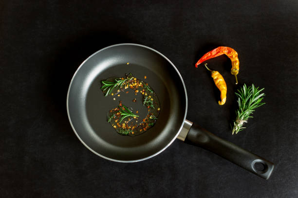 istock Frying pan with spices on a black background. Concept- cooking, menu, recipes. 1076031296