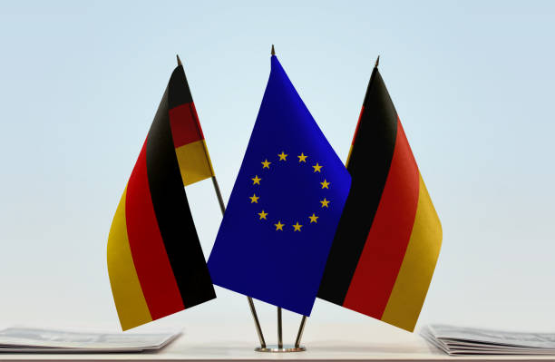 istock Two flags of Germany and European Union 1076033186