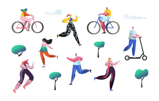 Vector illustration of Active people outdoor in the park. Man and woman characters riding bicycle. Running girl healthy lifestyle, roller skates, fitness, jogging. Vector illustration